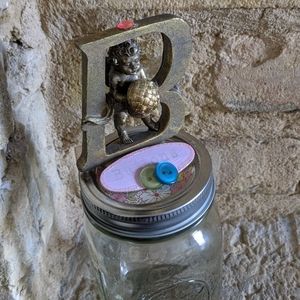 Upcycled Button Holder Mason Jar with Cherub Top